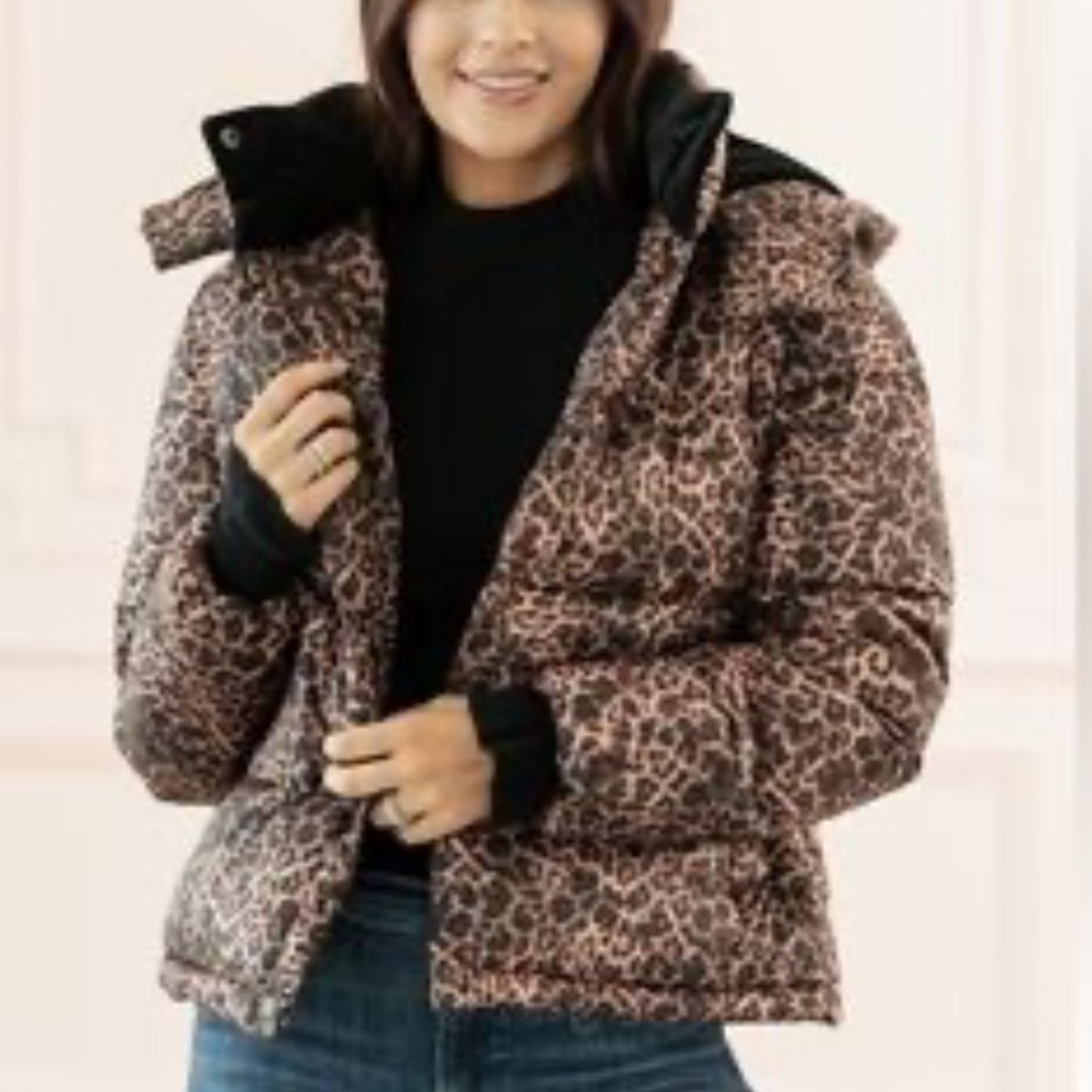 Rachel Parcell Leopard Print Puffer with removable hood